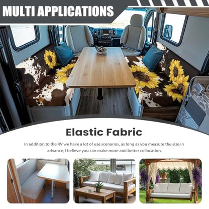 Cow Print Sunflower RV Dinette Cushion Covers 2 Pack RV Replacement Stretch Sofa Seat Slipcovers Universal Comfortable Camper Cushion Slipcover RV Accessories for Inside - color: Cow Print Sunflower