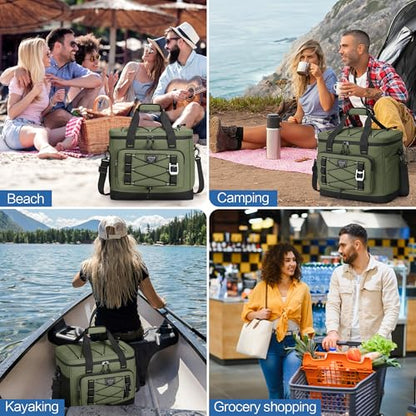 Large Insulated Cooler Bag, 50 Can Soft Sided Collapsible Ice Chest for Camping, Travel, Grocery, Kayaking & Beach (Waterproof, Leak-Proof, 30L) - color: Army Green
