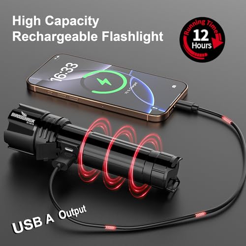 Flashlight 10000 High Lumens Rechargeable - 30W Super Bright LED Flash Light | 5000ft Beam & 12H Long Lasting USB C High Powered Handheld Police Flashlight for Home, Camping, Hiking, Emergency