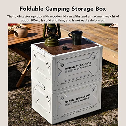 Foldable storage box, plastic campsite with wooden lids, storage tank with 50 lane and casters 50L, for camping, car trunk (Gray White) - color: Gray White