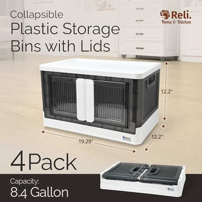 Reli. Minimalist Collapsible Storage Bins 8.4 Gallon (4 Pack) | Stackable Plastic with Lids and Doors | Wheeled Organizer