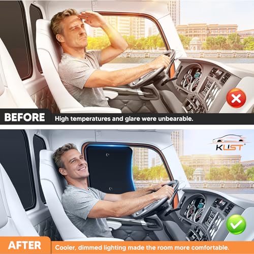 KUST 2PCS 23''*21.6'' Side Window Shades for Semi Truck/Heavy Duty Truck - Freightliner Cascadia, Volvo, Mack, Kenworth, Peterbilt, International LT, Western Star - Silver & Black Window Shades - size: Semi Truck/ Heavy Duty Truck (Silver&Black)