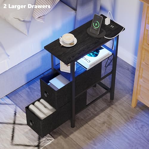 TRIFEBLE End Table with Charging Station, Narrow Side Table with 2 Fabric Drawers, Skinny Nightstand with LED Light, Slim Bedside Table for Bedroom, Living Room, Small Spaces, Black - color: Black
