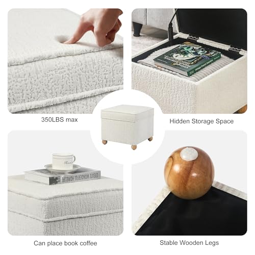 Ottoman with Storage, 17Inch High Jacquard Velvet Foot Stools Ottoman for Living Room, Upholstered Square Storage Ottomans Foot Rest, Bedroom Footstools and Ottomans with Hinged Lid, White - color: White Velvet