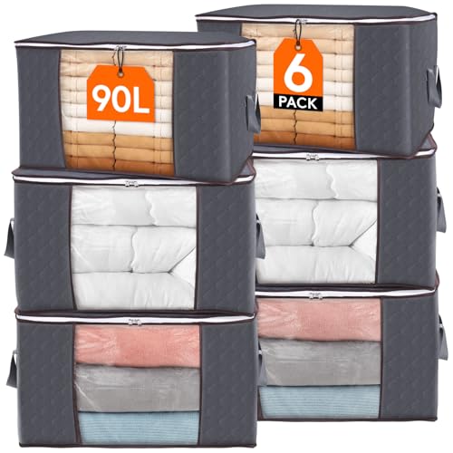 Lifewit 90L Large Storage Bags, 6 Pack Closet Organizers and Storage, Clothes Storage Bins with Lids, Foldable Storage Containers with Reinforced Handles for Clothing, Blanket, Bedding, Comforter Gray - size: 90L