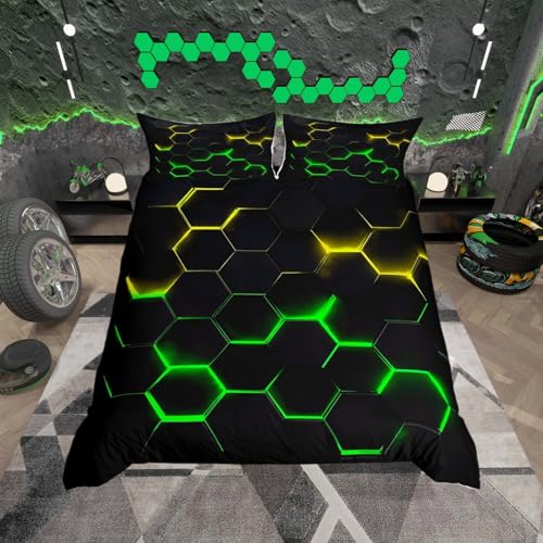Geometric Honeycomb Bedding Duvet Cover Twin Size Hexagon Bed Cover for Kids Teen Boys Girls Bedroom Decor Yellow Neon Lights Bed Cover Creative Bedding Cover 2Pcs with 1 Pillowcase, Black - color: Multi 02, size: Twin 68"x90"