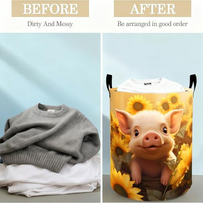 Cute Pig Face Laundry Basket Hamper for Boys Girls Kids Adults, Foldable Waterproof Oxford Clothes Storage Bin, Farm Animal Organizer for Bedroom Bathroom Room Decor 19.7"x15.8" - style: Pig
