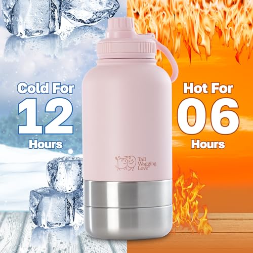 32oz 3-in-1 Travel Water Bottle for Dogs & Humans, Dual Use, Stainless Steel, Keeps Water Hot 6hrs/Cold 12hrs, Leak-Proof with Detachable Food & Water Bowls, Perfect for Travel