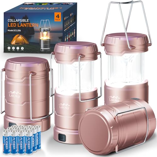 LETMY LED Camping Lantern for Power Outages, 3 Color Modes & Dimmable Battery Powered Lantern, IPX4 Waterproof & Collapsible, Lanterns Flashlight Survival Kits for Emergency Hurricane Hiking, 4 Pack - style: Pink-4 Pack