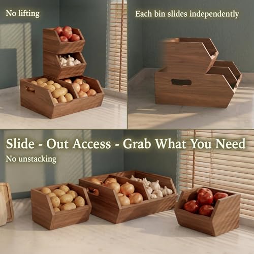 Acacia Wood Potato and Onion Storage Bins Set of 3, Stackable Pantry Organizer Baskets for Kitchen Counter, Open-Front Produce Holder Keeps Vegetables Fresh