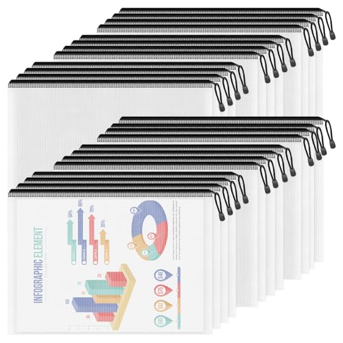 Smarpau A4/Letter Size Mesh Zipper Pouch, 24 Pack 13" x 9.4" Plastic Pouches for Organizing, Multipurpose Waterproof Zipper Bags for Travel, Office, Home Storage, Black - color: Black, size: A4-13.3x9.4in-24pcs