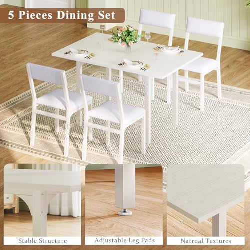 HUAHUU Dining Table Set for 4, Extendable Kitchen Table Cushion Chairs Set of 4, Rectangle Dining Table with Metal Frame & MDF Board, Folding for Small Apartment Saving Space, White - color: White