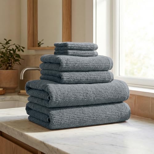 Great Bay Home Turkish Cotton 6 Piece Towel Set - Absorbent, Quick-Drying, Ribbed Bath Towels for Bathroom - Zero-Twist Fibers (Midnight Tide) - color: Midnight Tide