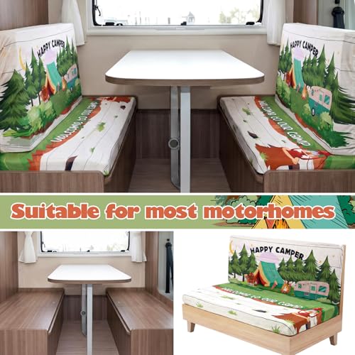 Geyoga 6 Pcs Happy Camper Rv Dinette Cushion Covers Stretch Washable Rv Cushion Covers Camper Accessories for Campers Car Bench, 2 Pillowcase, 2 Backrest and 2 Bench Replacement