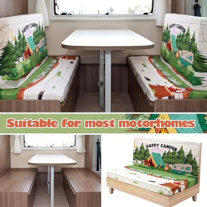 Geyoga 6 Pcs Happy Camper Rv Dinette Cushion Covers Stretch Washable Rv Cushion Covers Camper Accessories for Campers Car Bench, 2 Pillowcase, 2 Backrest and 2 Bench Replacement