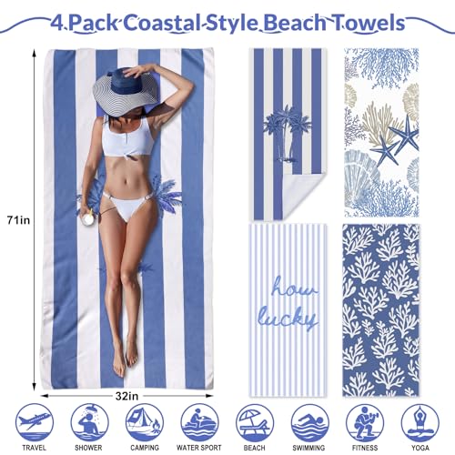 Frienda 4 Pack Microfiber Oversized Lightweight Beach Towel 71x32 in for Women Men Microfiber Quick Dry Sand Free Ocean Coastal Towels for Beach Pool Travel(Coral) - style: Coral