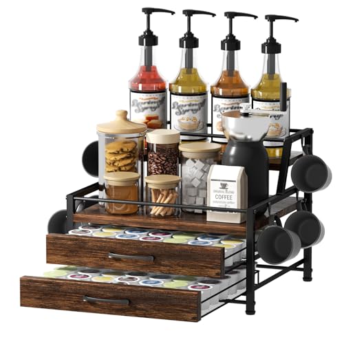 Homsorout Coffee Syrup Rack Organizer - 4-Tier 8 Syrup Wine Bottles Stand with 82 Storage Drawer for K Cups, Coffee Pod Holder for Countertop, Bar Station, Kitchen, Rustic Brown - color: Rustic Brown