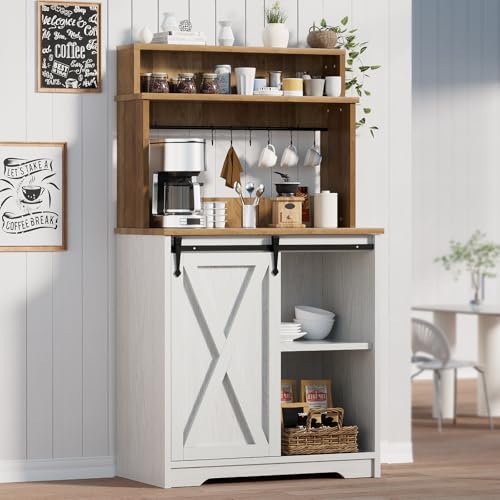 BestHaped Farmhouse Coffee Station with 3 Tier Storage Hutch & 6 Hooks - 56 Inch Small Coffee Bar Table with Adjustable Shelves for Living/Dining Room - color: White, size: 31 Inch