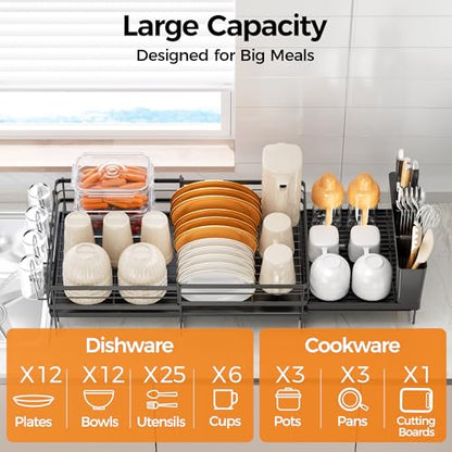 Delamu Stainless Steel Dish Drying Rack, Expandable Dish Drainer, Anti-Rust Large Dish Racks for Kitchen Counter, Dish Strainers with Drainboard, Utensil & Cup Holder, 13.4"-28.7" L x 11.8" W, Black - color: Black
