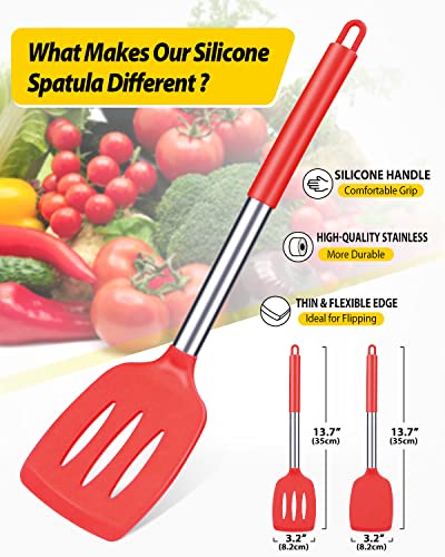 Pack of 2 Silicone Solid Turner, Non Stick Slotted Kitchen Spatulas, High Heat Resistant BPA Free Cooking Utensils, Ideal Cookware for Fish, Eggs, Pancakes(Red) - color: Red