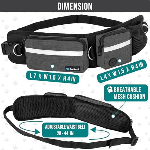 PetAmi Hands Free Dog Leash, Dog Running Leash Belt Bag for Walking, Jogging, Dog Waist Double Zipper Pouch with Poop Bag Dispenser, Dual Padded Handles Reflective Bungee Leash, Single (Charcoal Grey) - color: Charcoal Grey, size: 1 Leash