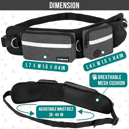 PetAmi Hands Free Dog Leash, Dog Running Leash Belt Bag for Walking, Jogging, Dog Waist Double Zipper Pouch with Poop Bag Dispenser, Dual Padded Handles Reflective Bungee Leash, Double (Charcoal Grey) - color: Charcoal Grey, size: 2 Leashes