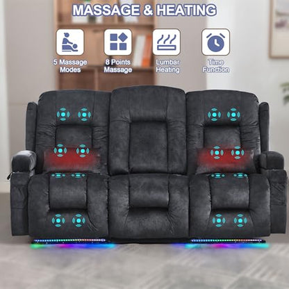 TUNYI Power Loveseat Recliner Sofa with Massage & Heat Home Theater Seating with Console RV Recliner Loveseat Sofa with USB/Storage/Side Pocket/LED Light/Speaker (Grey, 3 Seat) - color: Grey, size: 3 Seat