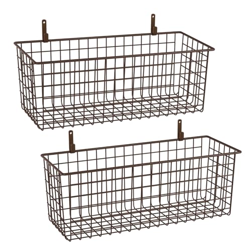 2 Sets Extra Large Hanging Wall Basket, Brown Metal Wire Baskets with Steel Hooks for Organizing, WallmountedFruit Vegetable Toy Snack Storage, Home Kitchen Bathroom Laundry Pantry Organizer - color: Brown