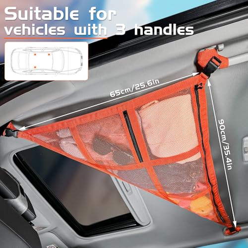 3 Handles Car Ceiling Cargo Net for Inside Car Roof,Interior Mesh Storage,Truck SUV Travel Long Road Trip Camping Interior Accessories 35.4"x25.6",Orange - size: 35.4"x25.6"