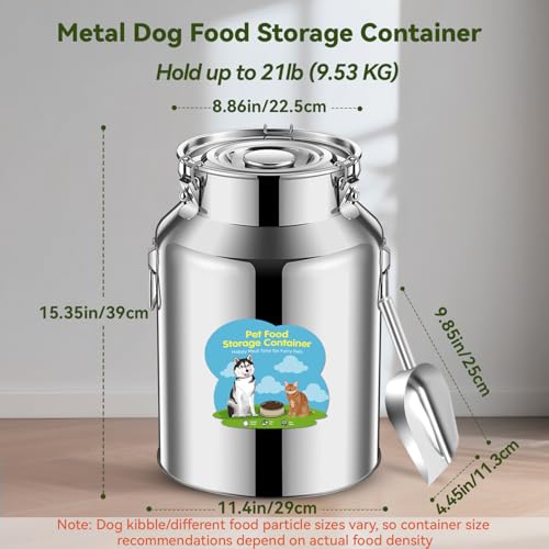 Newget 21lb Stainless Steel Dog Food Storage Container, Metal Pet Storage Container with Airtight Hangable Lid to Keep Food Fresh, Large Cat Food Storage Container with Scoop to Easily Clean - size: 21 lb