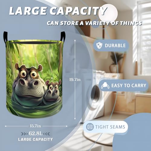 Funny Hippos in Green Jungle Water Laundry Basket with Handles, 19.7"x15.7" Clothes Foldable Laundry Hamper Organizer for Dorm Nursery Bedroom Bathroom Decor, Toy Storage Bin for Kids - style: Hippo46