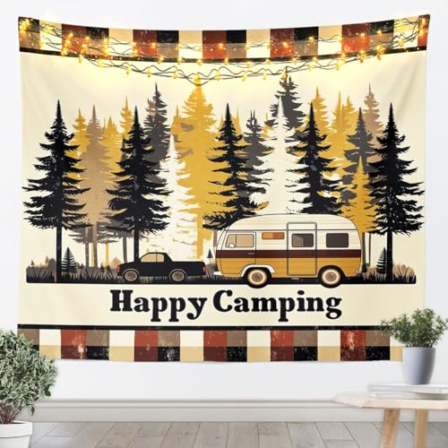jejeloiu Happy Camping Tapestry Small 51"x59" RV Camping Wall Hanging Blanket Pine Tree Wall Art for Living Room Bedroom Decoration Rustic Plaid - color: Beige Yellow Red, size: Small