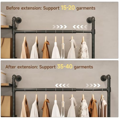 T3 Closet System with Stepless Dimmable LED Light, Industrial Pipe Clothing Rack with 4 Drawers, 6 Wooden Shelves & 4 Telescopic Rods, Heavy Duty Closet Organizers in Wardrobe Closet (Rustic Brown) - color: Rustic Brown
