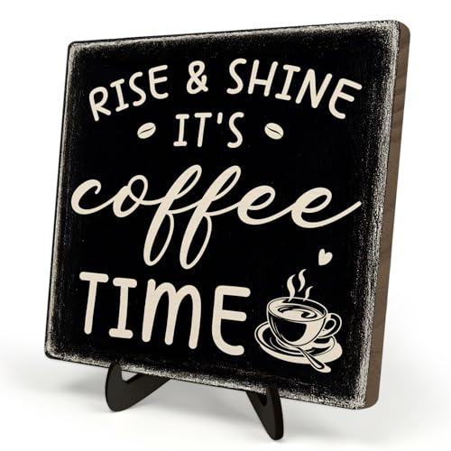 Farmhouse Coffee Bar Sign, Rise & Shine It's Coffee Time Desk Wooden Sign, 5.9"x5.9" Wood Plaque with Stand Gift for Home Kitchen Tabletop Decor,Cafe Bar Decor(Black) - color: Black