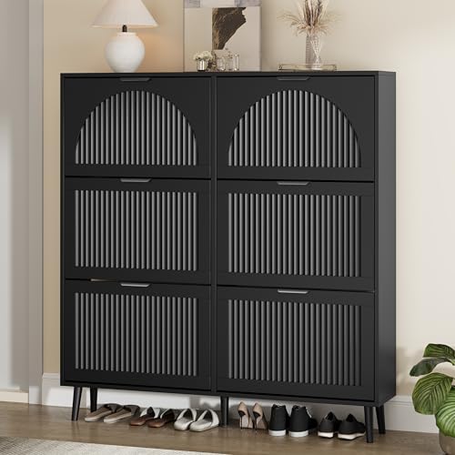 Shoe Storage Cabinet with 6 Flip Drawers, Narrow Wood Shoe Organizer Cabinet with Fluted Panel, Slim Shoe Rack for Entryway, Freestanding Shoe Cabinet for Living Room, Hallway, Black - color: Black, size: 6-Drawers
