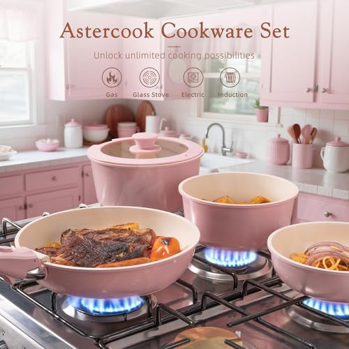 Astercook 21 Pcs Pots and Pans Set Non Stick, Ceramic Cookware Set Detachable Handle, RV Kitchen Cooking Set Removable Handles, Oven Safe, Induction Ready, Stackable, Pink, Fathers Day Gift for Men - color: Pink, size: 21 Piece