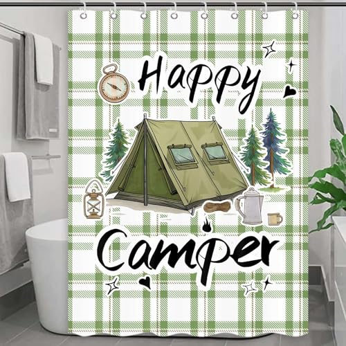 Happy Camper RV Shower Curtain Rustic Pine Tree Adventure Tent Camping Waterproof Fabric Bathroom Curtains Travel Trailer Bathroom Accessories Set with Hooks 47 x 64 Inches - color: Sage, size: 47"W x 64"L (Pack of 1)