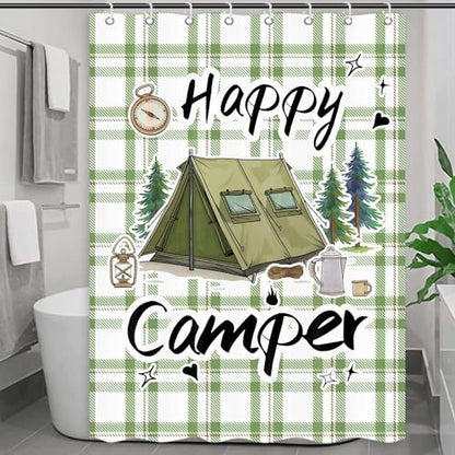 Happy Camper RV Shower Curtain Rustic Pine Tree Adventure Tent Camping Waterproof Fabric Bathroom Curtains Travel Trailer Bathroom Accessories Set with Hooks 47 x 64 Inches - color: Sage, size: 47"W x 64"L (Pack of 1)