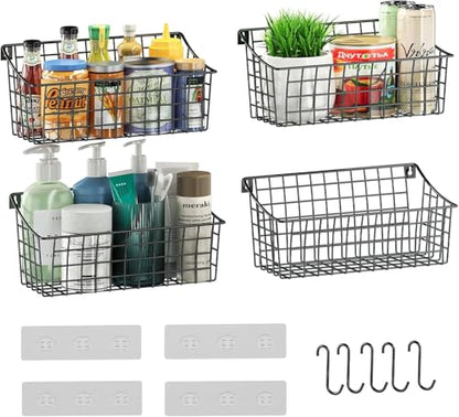 Sonyabecca 4 Pack Hanging Wall Basket for Organizing, Large Wire Basket for Storage Pantry with 5 S Hook+4 Adhesive Hook, Wall Mounted Shelf for Kitchen Bathroom - size: 13"L x 6.3"W x 6.02"H-4Pack
