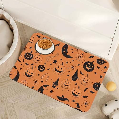 Halloween Dog Food Mat for Floors,Pumpkin Bat Absorbent Quick-Dry Pet Feeding Mat,Cat Dog Bowl Mats for Food and Water,Non-Slip Pet Accessories Supplies 12"x20" - color: Halloween Pumpkin Bat, size: 12"×20"