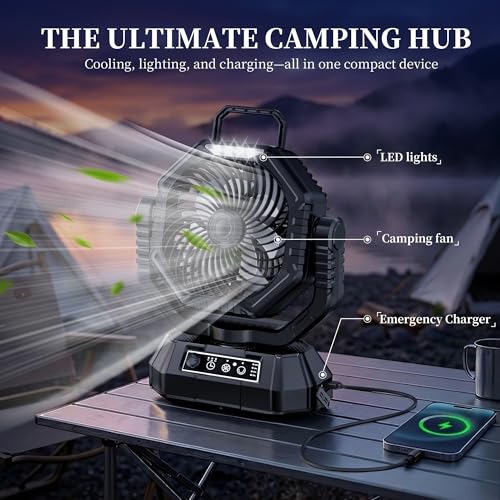 AJVV Camping Fan with Light, Remote and Oscillation, Battery Powered Hanging Tent Fan, Rechargeable Portable for Camp, Outdoor, Emergencies, Fishing, RV Travel, Jobsite - color: Black