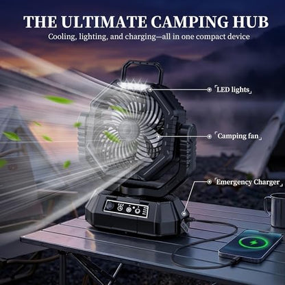 AJVV Camping Fan with Light, Remote and Oscillation, Battery Powered Hanging Tent Fan, Rechargeable Portable for Camp, Outdoor, Emergencies, Fishing, RV Travel, Jobsite - color: Black