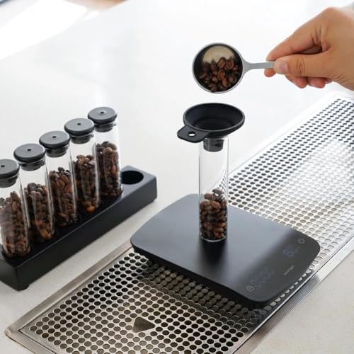 watchget Coffee Bean Container 6PCS Coffee Bean Cellars Tubes Single Dose Coffee Bean Storage with One-Way Exhaust Valve & Black Stand & Silicone Funnel- Organized Storage Solution - color: Black Aluminum Lid 6PCS