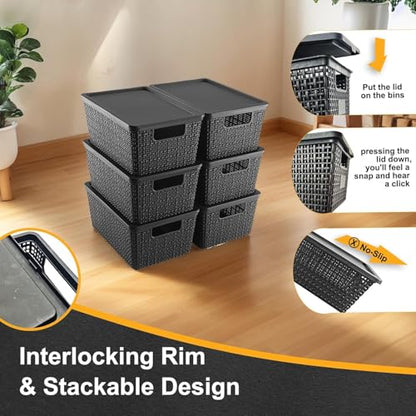 NUMIFUN Storage Bins with Lids, Set of 6, Stackable Woven Design, Black Plastic Containers with Easy Pull Handles, Interlocking Rim, Stackable Storage Boxes with Lids for Pantry, Closet - color: Black