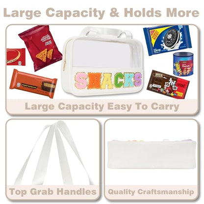 Snacks Bag Clear Chenille Varsity Letter Zipper Pouch Travel Makeup Bag Aesthetic Storage Organizer Pouches for Women with Glitter Patch Letters - color: White