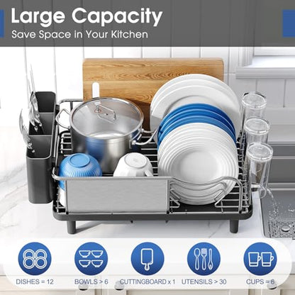 Urackify Stainless Steel Dish Drying Rack - Large Capacity Kitchen Counter Organizer with Drain Board, Utensil Holder & Detachable Cup Shelf, Surgical-Grade Rust-Proof Dish Drainer, Easy Assembly - color: Black