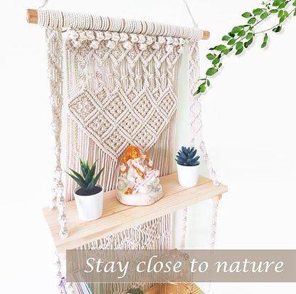 Macrame wall Hanging Shelf (Tier 2, Natural White) - size: Tier 2
