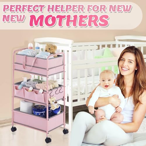 Honeydak 2in1 Baby Diaper Caddy Organizer Cart 3 Tier Large Capacity Metal Utility Bedside Rolling Cart with Divider Newborn Registry Nursery Essential Must Have Crib Bedroom Baby Shower(Pink) - color: Pink