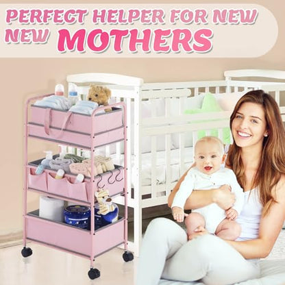 Honeydak 2in1 Baby Diaper Caddy Organizer Cart 3 Tier Large Capacity Metal Utility Bedside Rolling Cart with Divider Newborn Registry Nursery Essential Must Have Crib Bedroom Baby Shower(Pink) - color: Pink