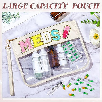 Silkfly Chenille Letter Medicine Meds Medical Bag Makeup First Aid Bag for Travel Preppy PVC Nylon Emergency Patch Cosmetic Toiletry Storage Pouch Waterproof with Handle Zipper for Women(Pretty) - style: Pretty